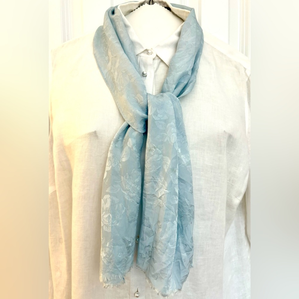 Pale blue woven floral silk scarf classic office business event party date night